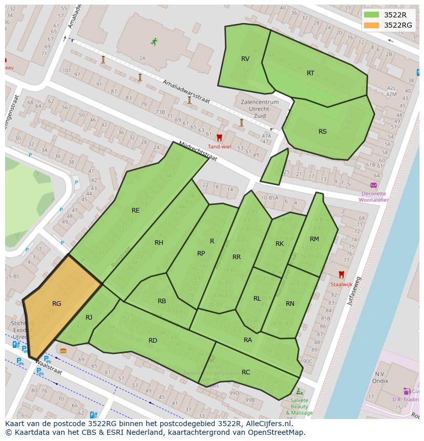 Afbeelding van het postcodegebied 3522 RG op de kaart.