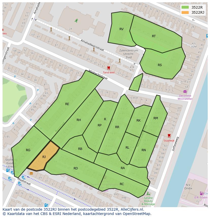 Afbeelding van het postcodegebied 3522 RJ op de kaart.