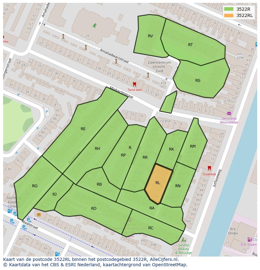 Afbeelding van het postcodegebied 3522 RL op de kaart.