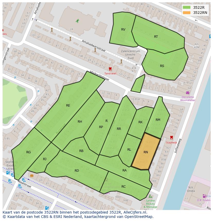 Afbeelding van het postcodegebied 3522 RN op de kaart.