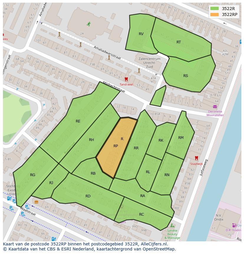 Afbeelding van het postcodegebied 3522 RP op de kaart.