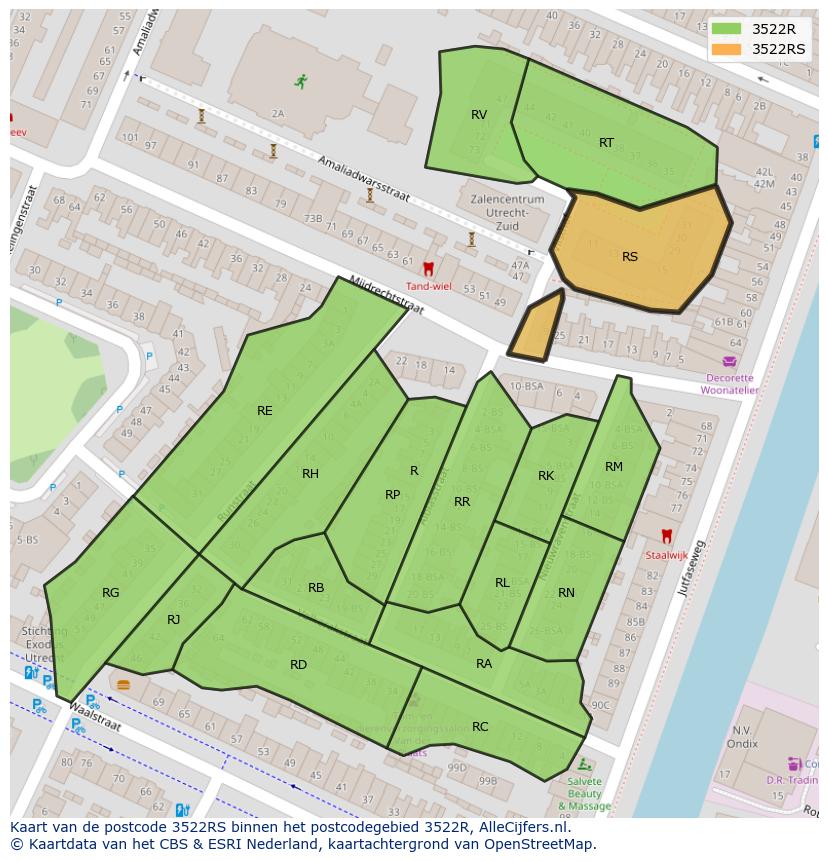 Afbeelding van het postcodegebied 3522 RS op de kaart.