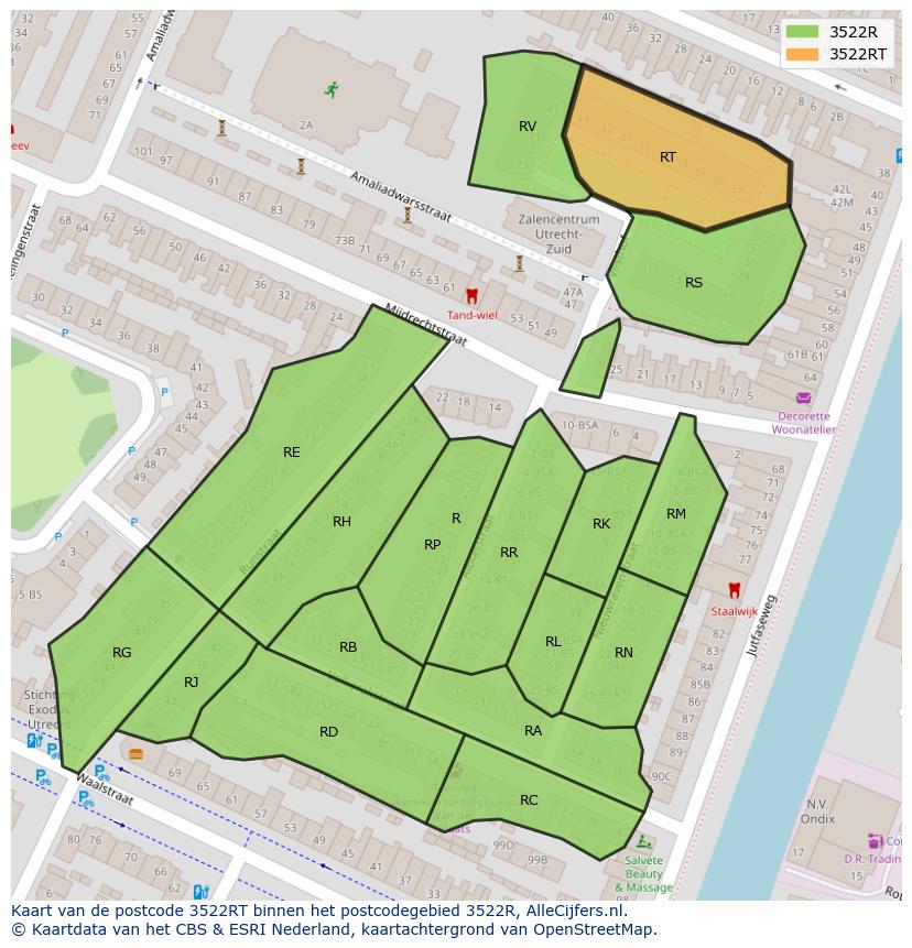 Afbeelding van het postcodegebied 3522 RT op de kaart.