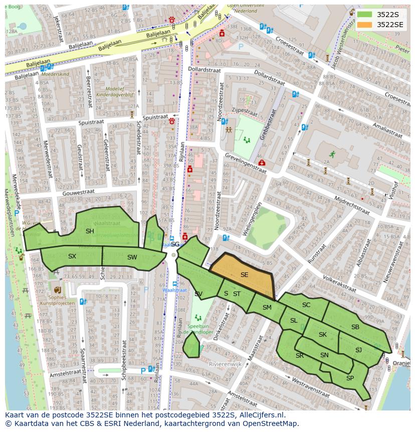 Afbeelding van het postcodegebied 3522 SE op de kaart.