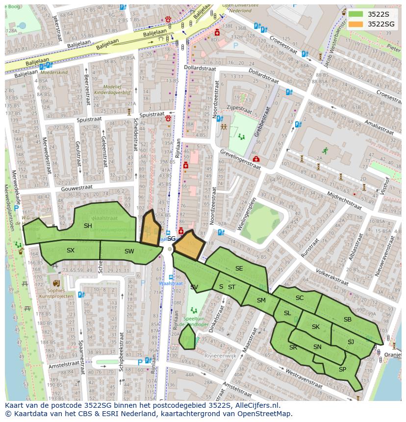 Afbeelding van het postcodegebied 3522 SG op de kaart.