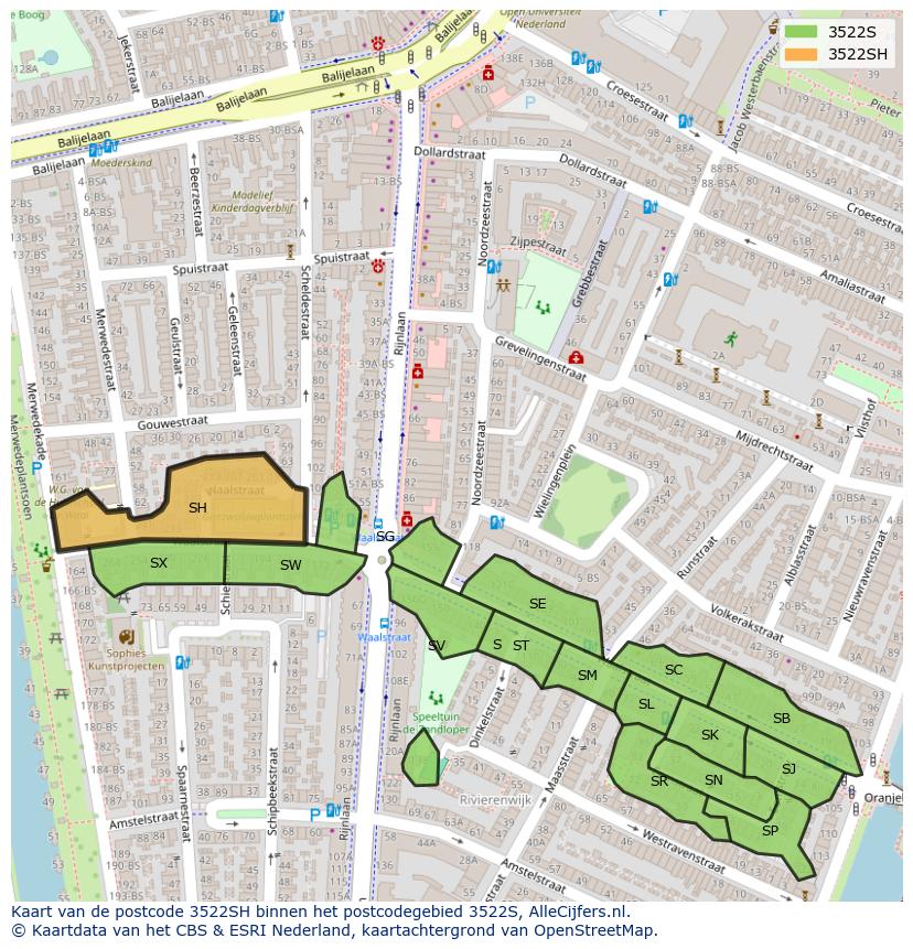 Afbeelding van het postcodegebied 3522 SH op de kaart.