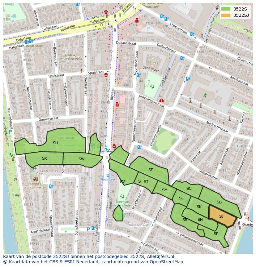 Afbeelding van het postcodegebied 3522 SJ op de kaart.