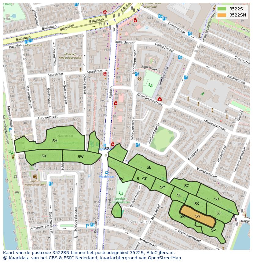Afbeelding van het postcodegebied 3522 SN op de kaart.