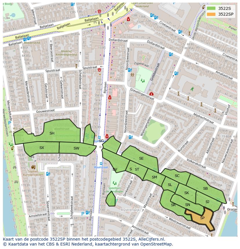 Afbeelding van het postcodegebied 3522 SP op de kaart.