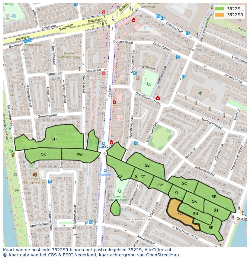 Afbeelding van het postcodegebied 3522 SR op de kaart.