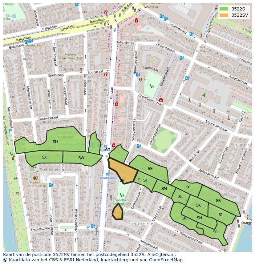 Afbeelding van het postcodegebied 3522 SV op de kaart.
