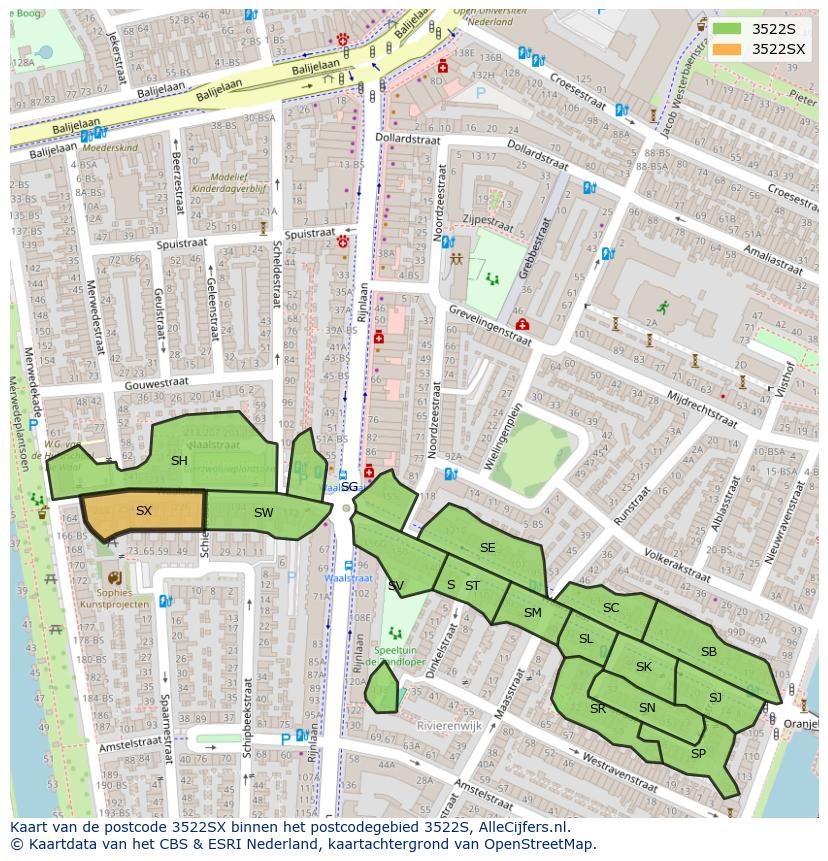 Afbeelding van het postcodegebied 3522 SX op de kaart.