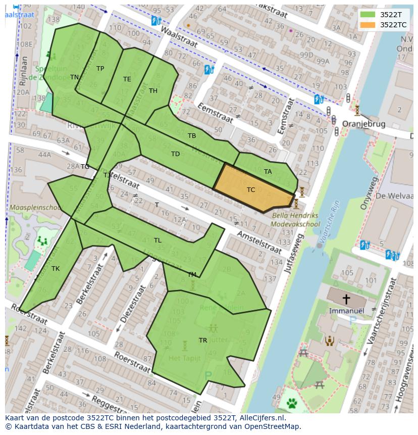 Afbeelding van het postcodegebied 3522 TC op de kaart.