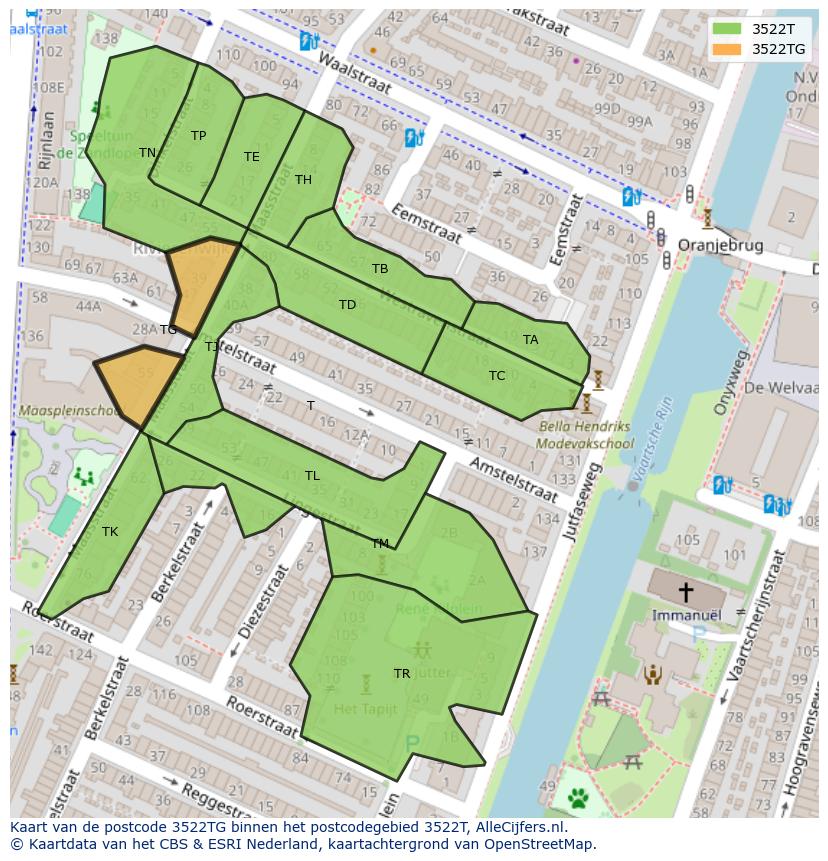 Afbeelding van het postcodegebied 3522 TG op de kaart.