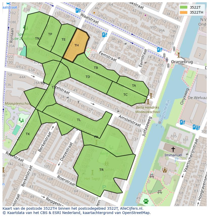 Afbeelding van het postcodegebied 3522 TH op de kaart.