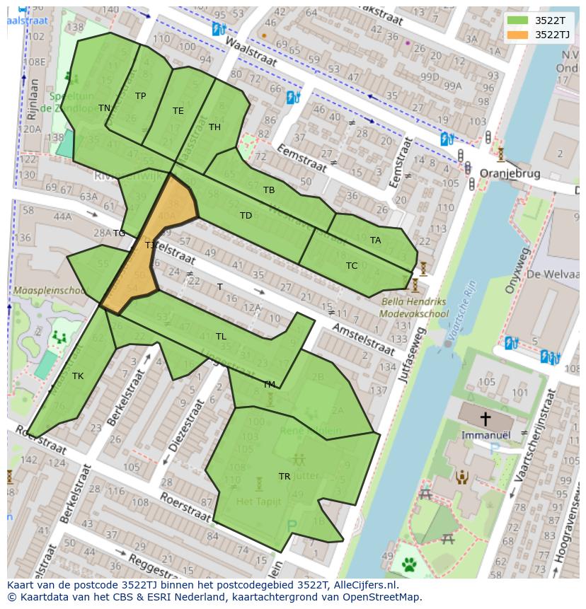 Afbeelding van het postcodegebied 3522 TJ op de kaart.