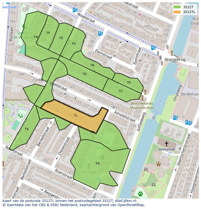 Afbeelding van het postcodegebied 3522 TL op de kaart.