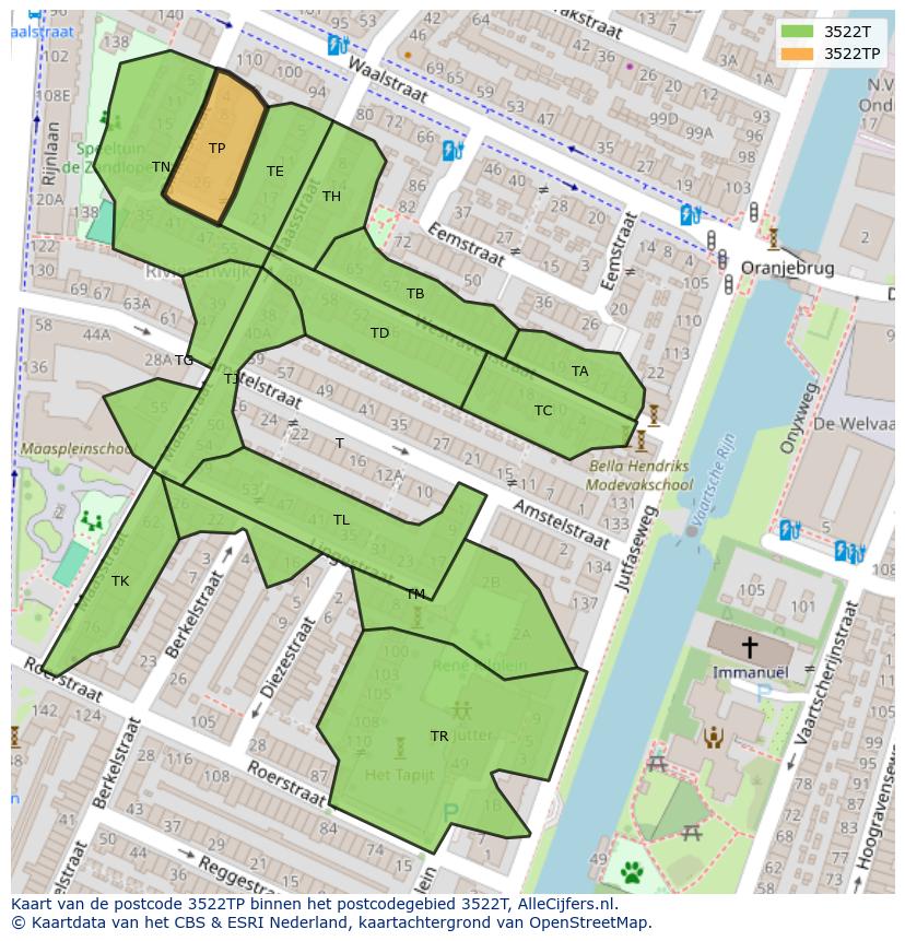 Afbeelding van het postcodegebied 3522 TP op de kaart.