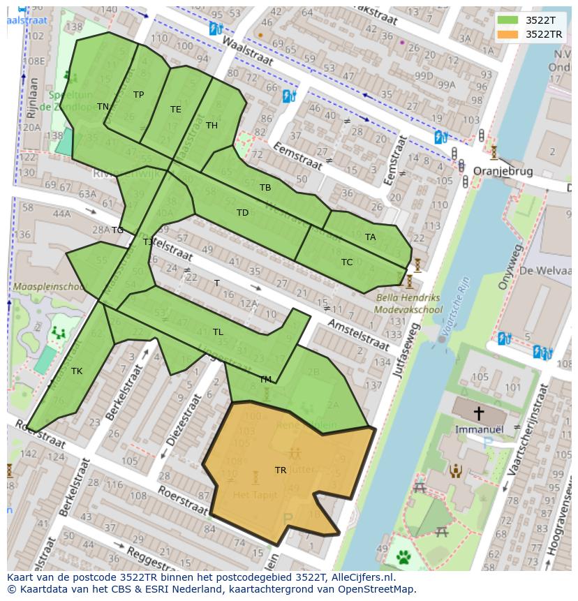 Afbeelding van het postcodegebied 3522 TR op de kaart.