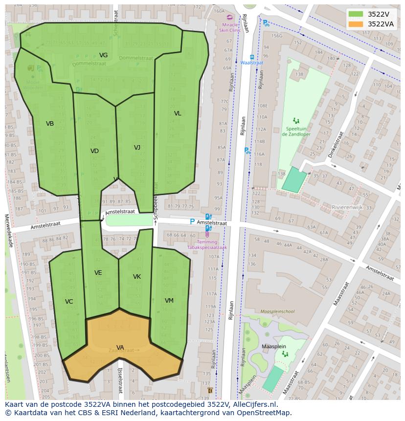 Afbeelding van het postcodegebied 3522 VA op de kaart.