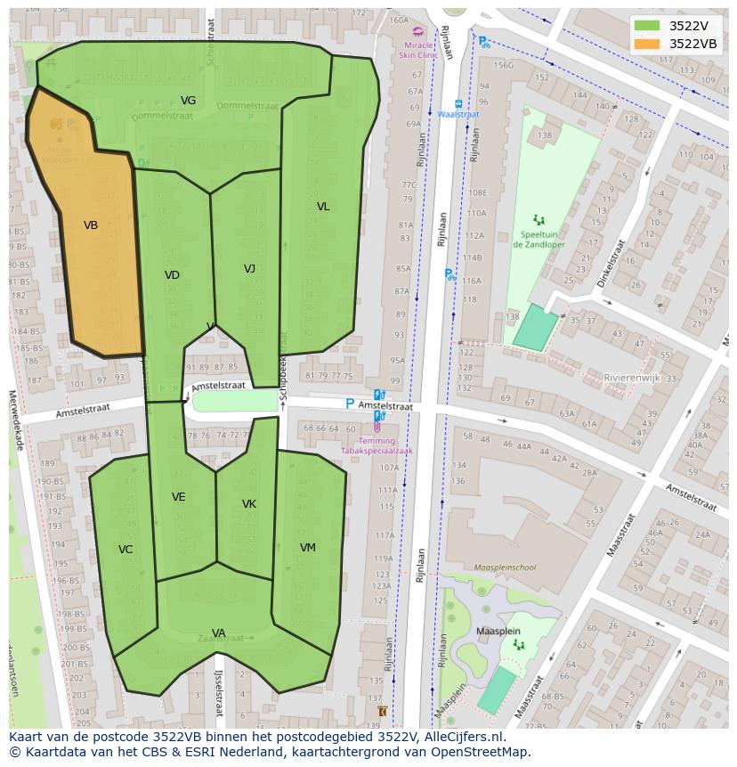 Afbeelding van het postcodegebied 3522 VB op de kaart.