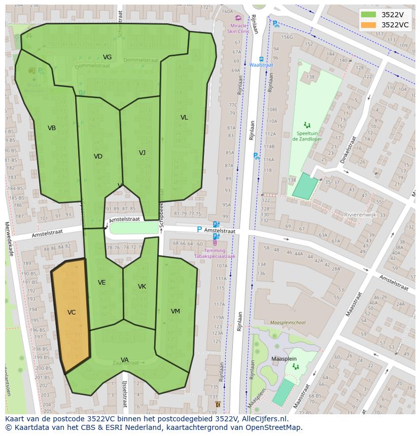 Afbeelding van het postcodegebied 3522 VC op de kaart.