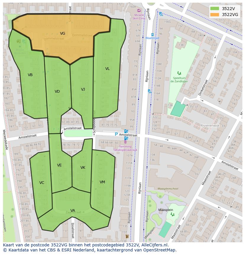 Afbeelding van het postcodegebied 3522 VG op de kaart.