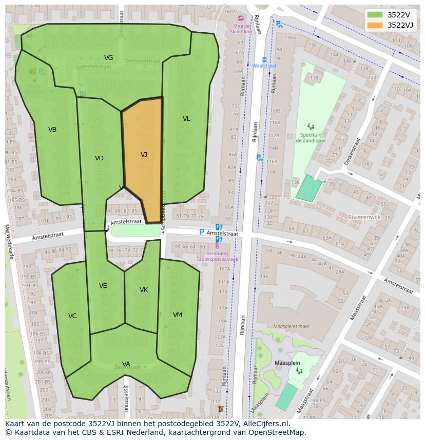 Afbeelding van het postcodegebied 3522 VJ op de kaart.