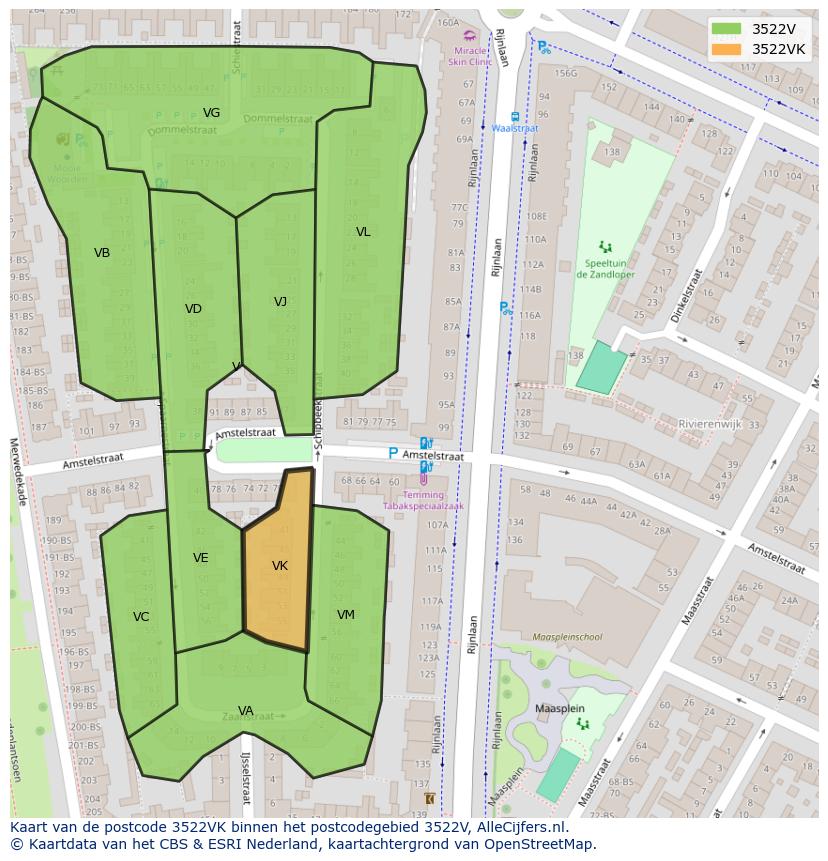 Afbeelding van het postcodegebied 3522 VK op de kaart.