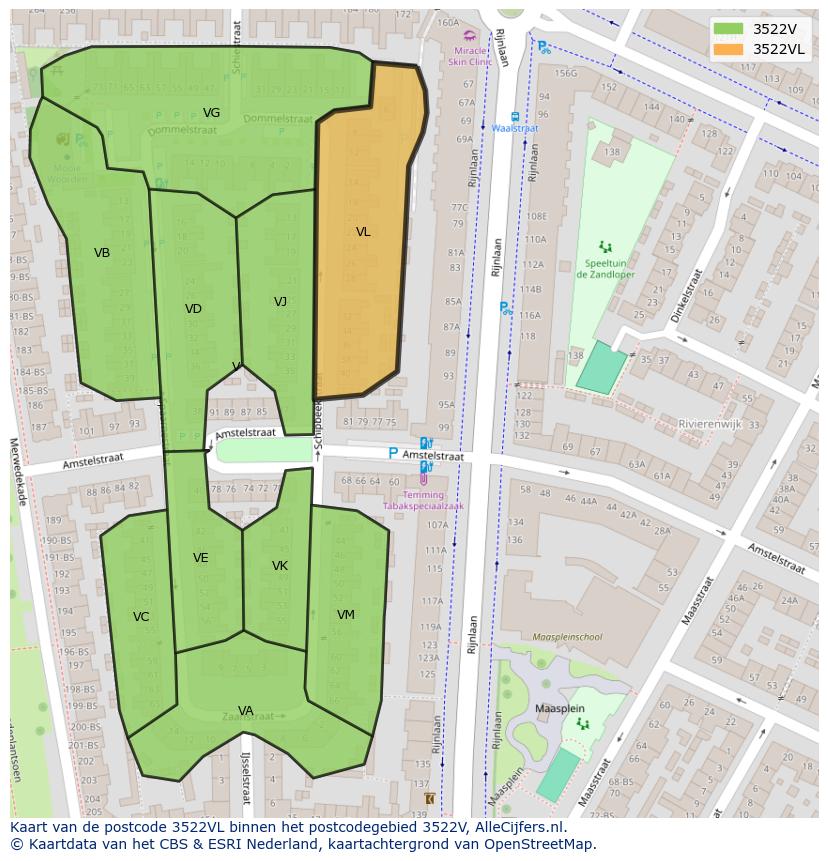 Afbeelding van het postcodegebied 3522 VL op de kaart.
