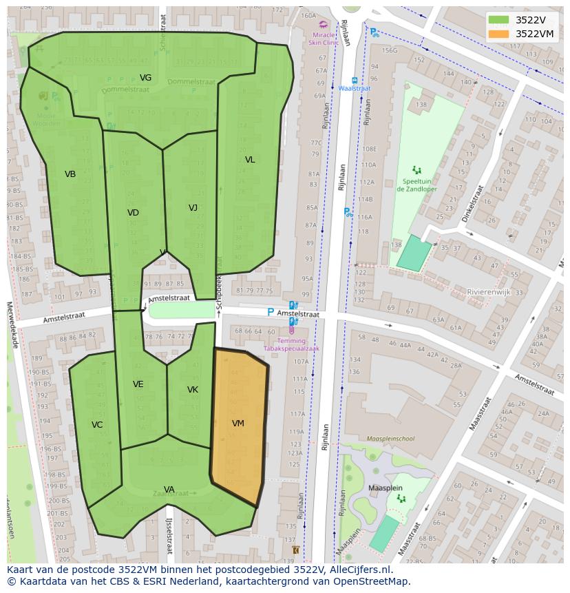 Afbeelding van het postcodegebied 3522 VM op de kaart.