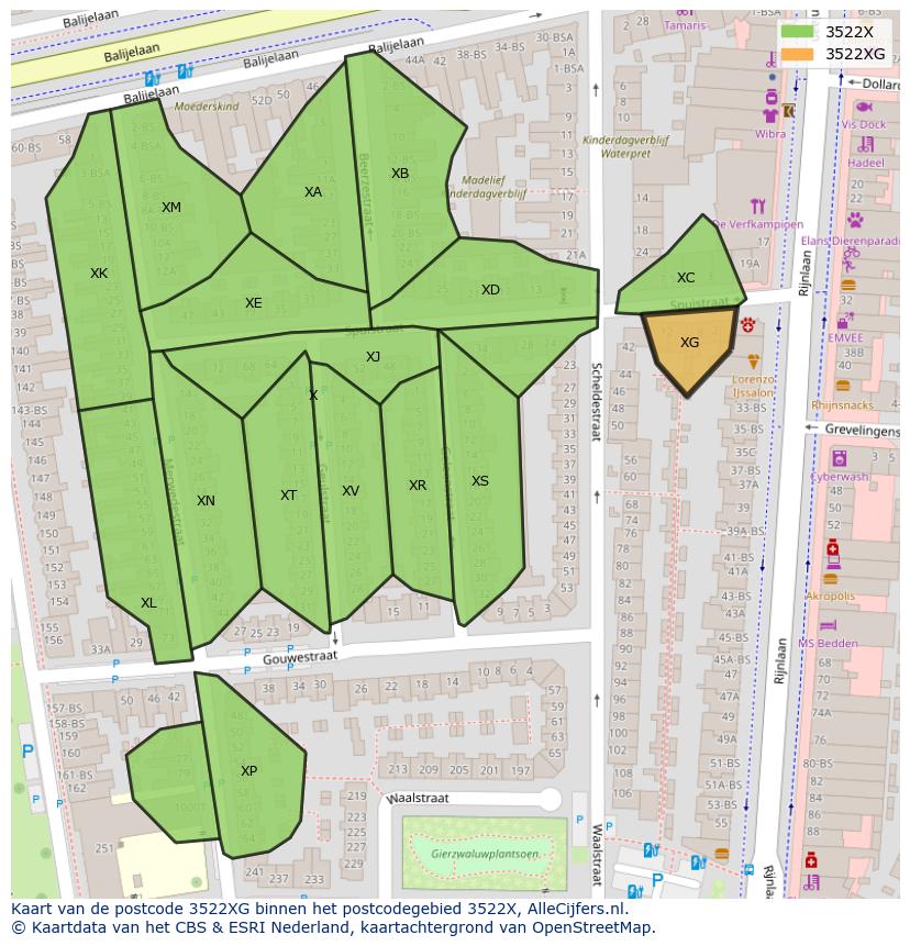 Afbeelding van het postcodegebied 3522 XG op de kaart.