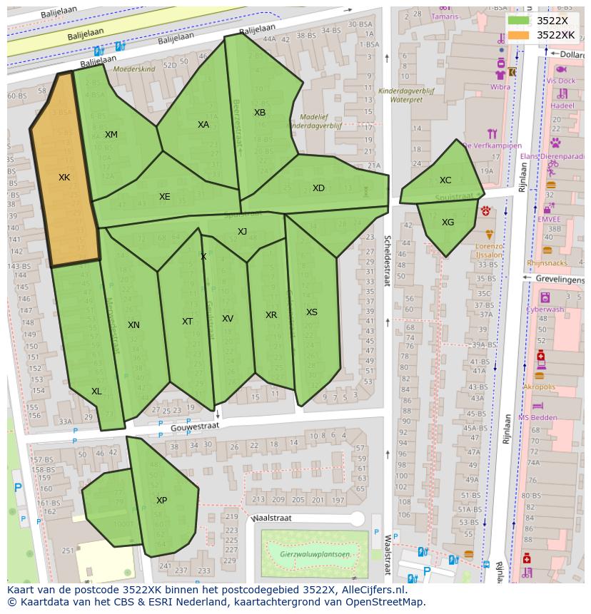Afbeelding van het postcodegebied 3522 XK op de kaart.
