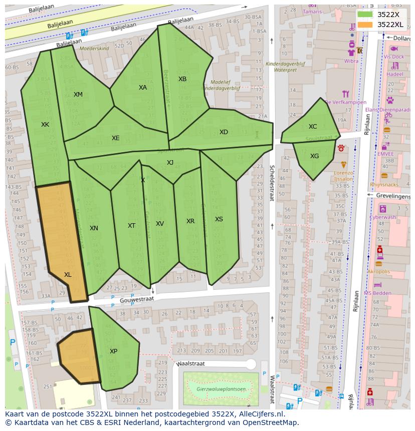 Afbeelding van het postcodegebied 3522 XL op de kaart.