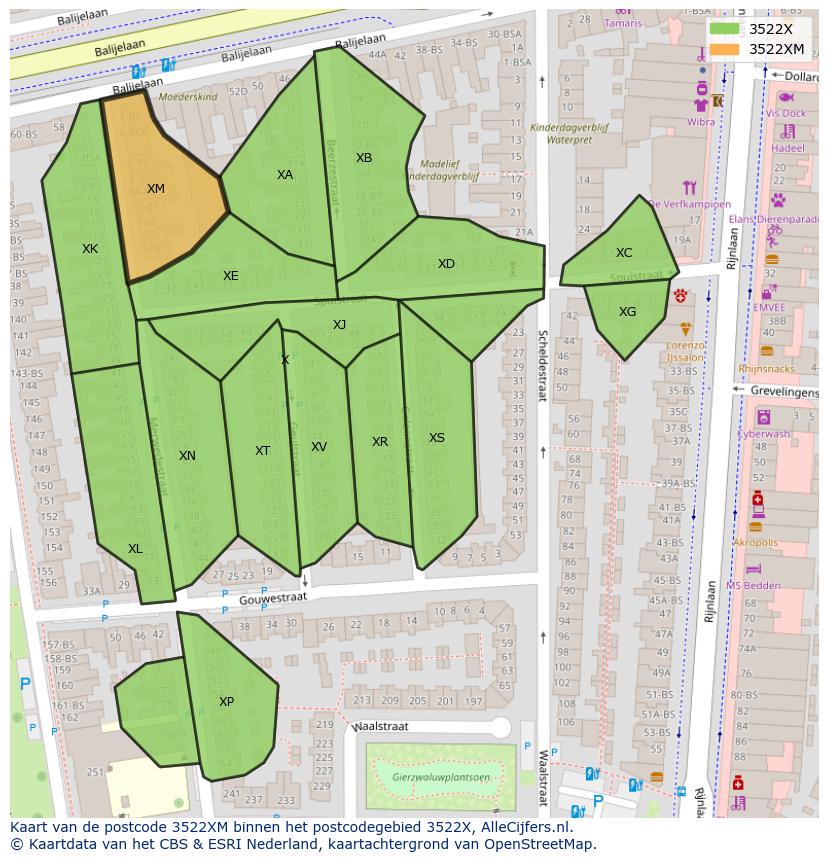 Afbeelding van het postcodegebied 3522 XM op de kaart.