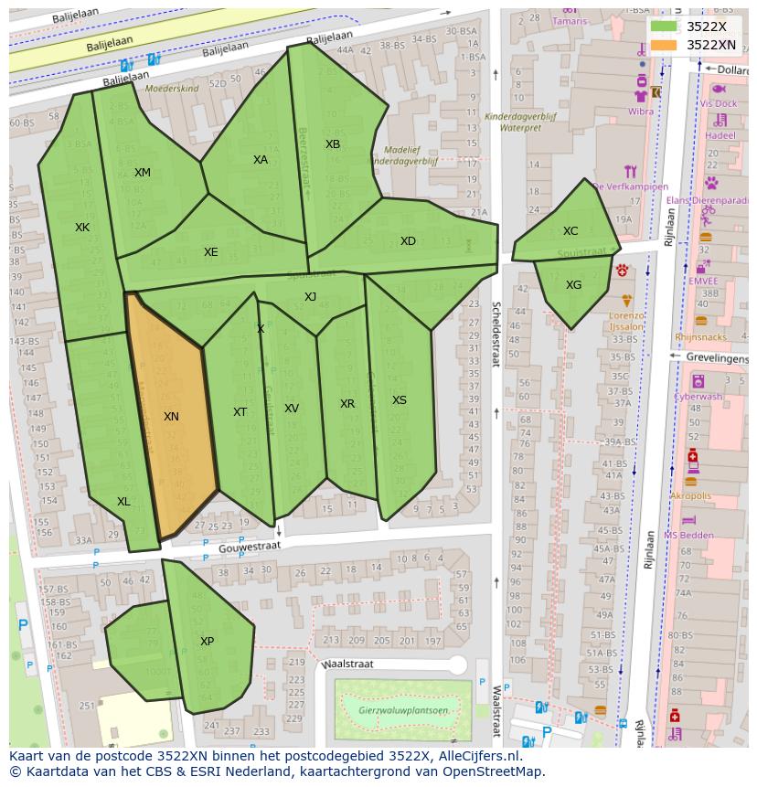 Afbeelding van het postcodegebied 3522 XN op de kaart.