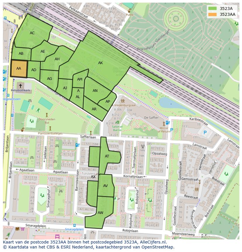 Afbeelding van het postcodegebied 3523 AA op de kaart.