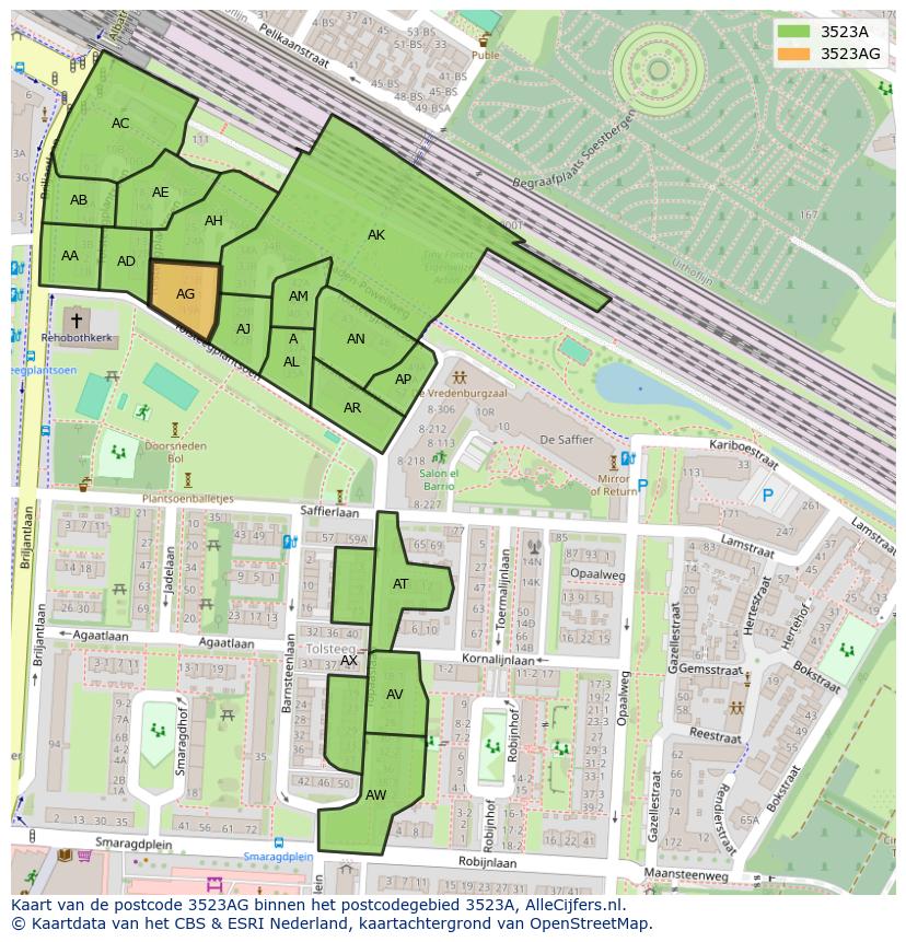 Afbeelding van het postcodegebied 3523 AG op de kaart.