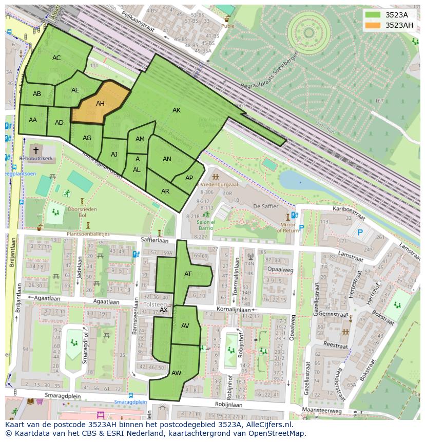 Afbeelding van het postcodegebied 3523 AH op de kaart.