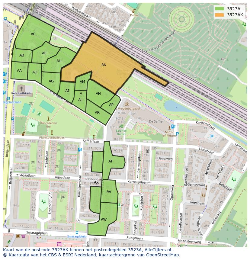 Afbeelding van het postcodegebied 3523 AK op de kaart.