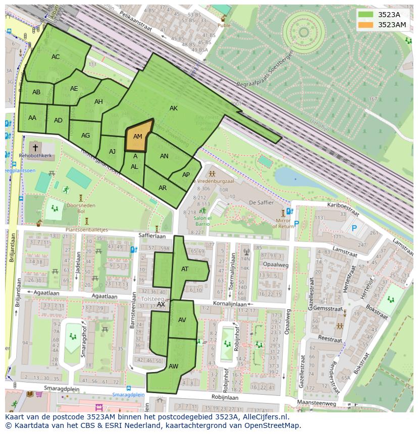 Afbeelding van het postcodegebied 3523 AM op de kaart.