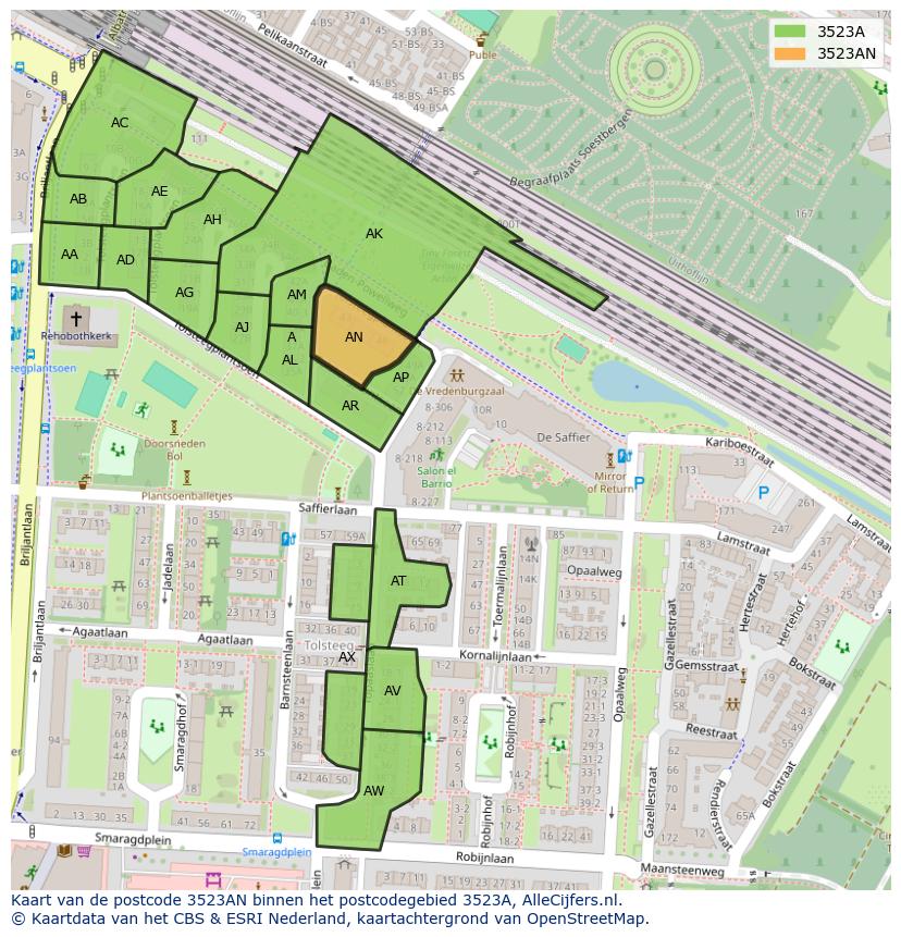 Afbeelding van het postcodegebied 3523 AN op de kaart.