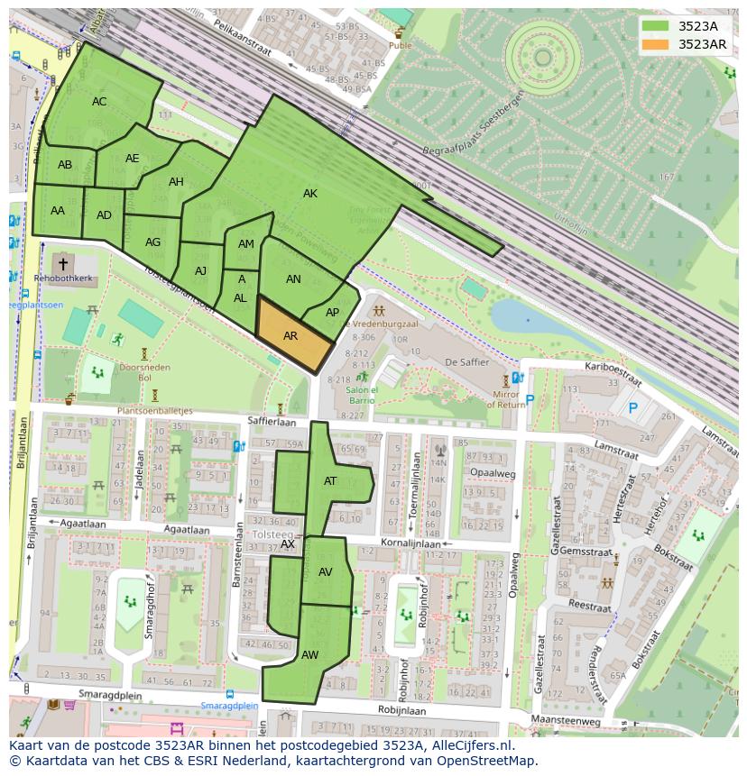 Afbeelding van het postcodegebied 3523 AR op de kaart.