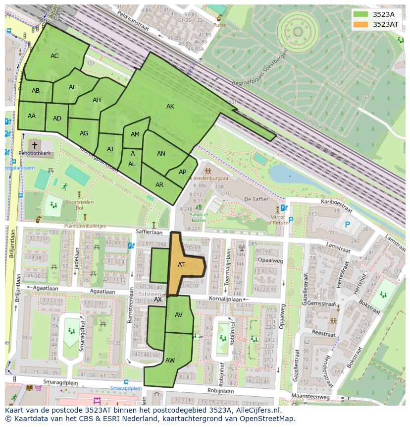 Afbeelding van het postcodegebied 3523 AT op de kaart.