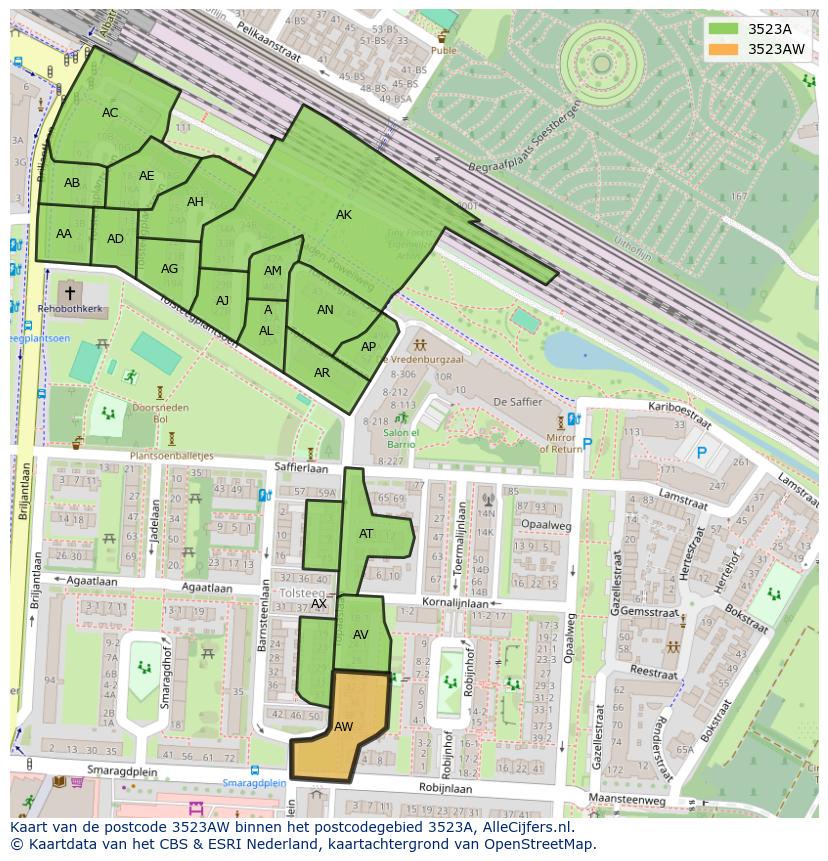 Afbeelding van het postcodegebied 3523 AW op de kaart.
