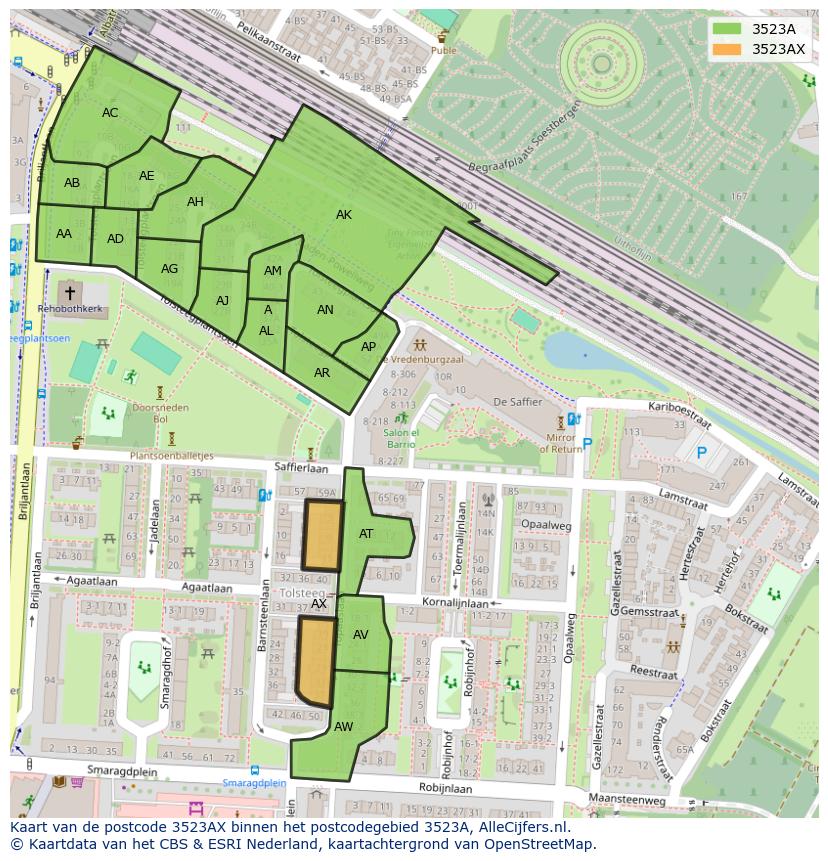 Afbeelding van het postcodegebied 3523 AX op de kaart.