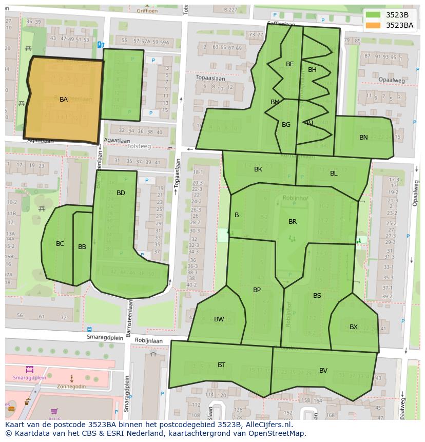 Afbeelding van het postcodegebied 3523 BA op de kaart.
