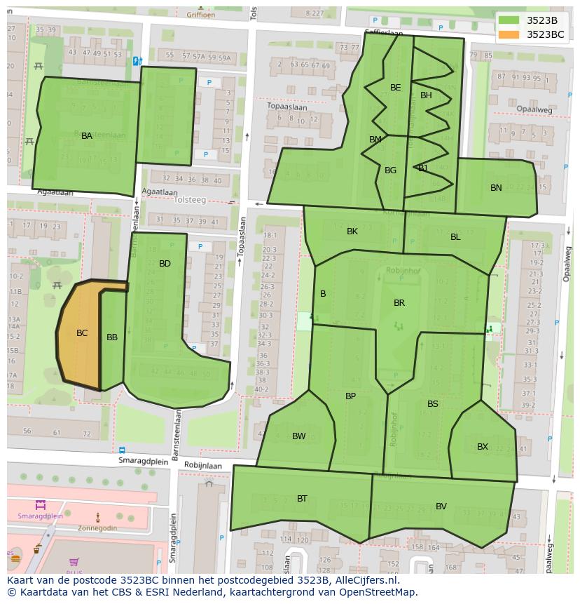 Afbeelding van het postcodegebied 3523 BC op de kaart.