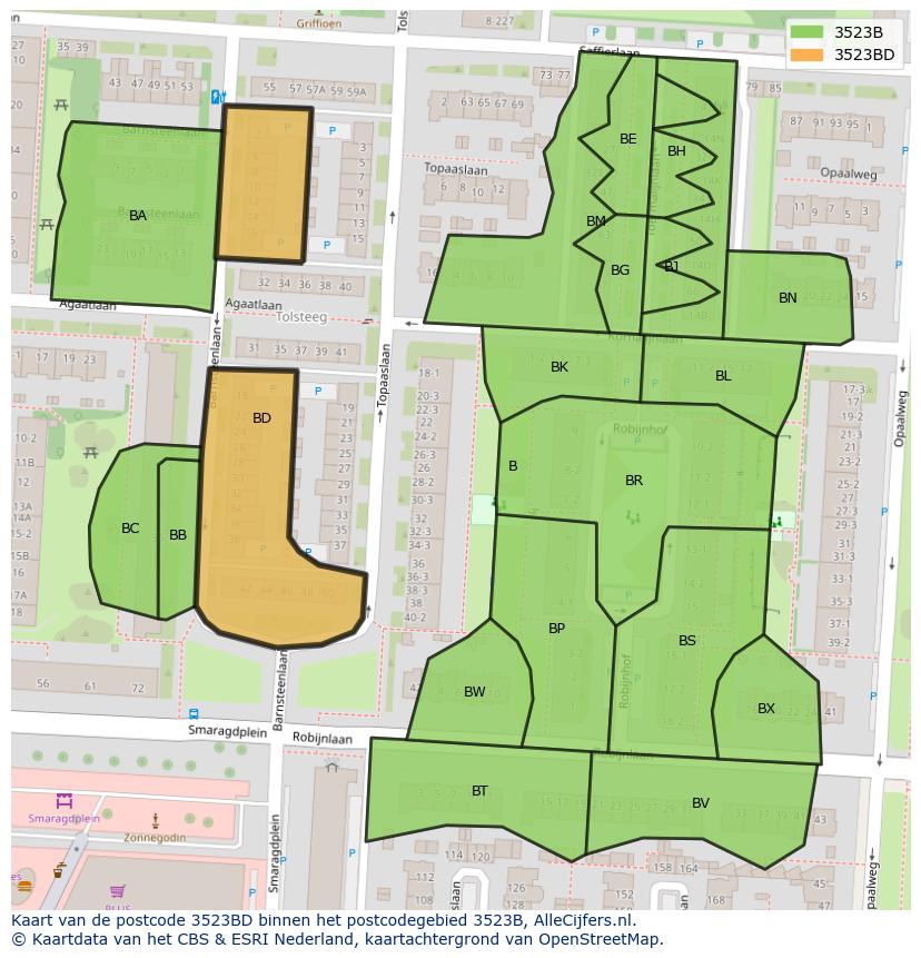 Afbeelding van het postcodegebied 3523 BD op de kaart.