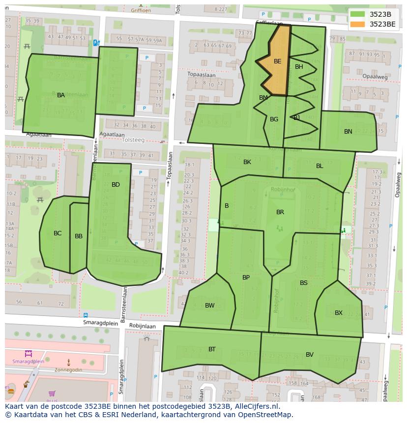 Afbeelding van het postcodegebied 3523 BE op de kaart.